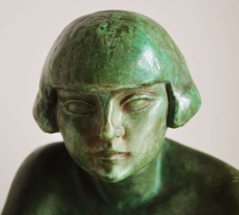 Français Grande sculpture française Artful Green Faux Copper Patina Ceramic Seated Nude Sculpture.