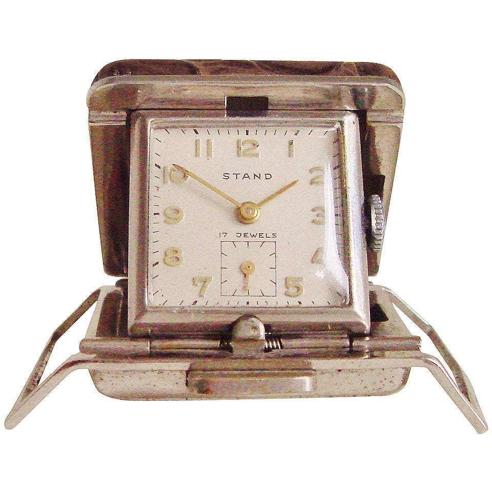 American Mid-Century Modern Chrome and Faux Crocodile Leather Sports Belt Watch For Sale