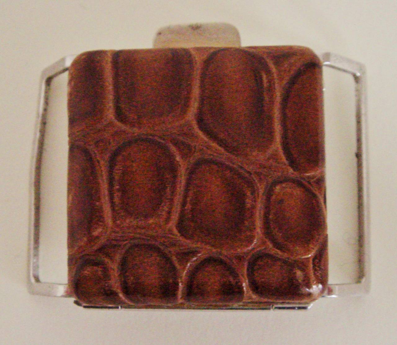 American Mid-Century Modern Chrome and Faux Crocodile Leather Sports Belt Watch For Sale 3