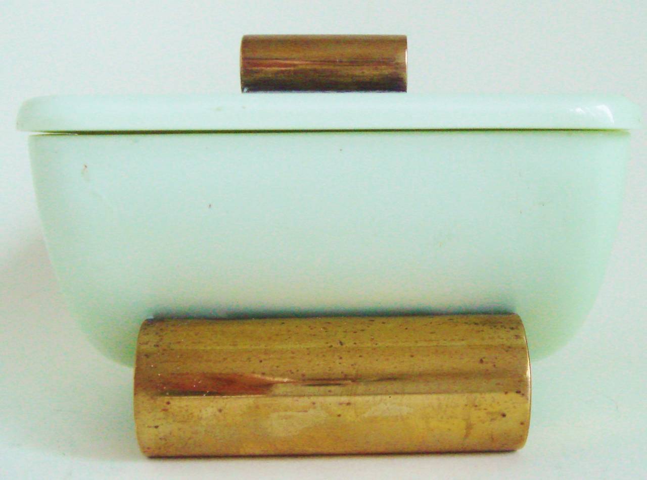 Rare English Art Deco Pistachio Phenolic Resin and Brass Vanity Box 1