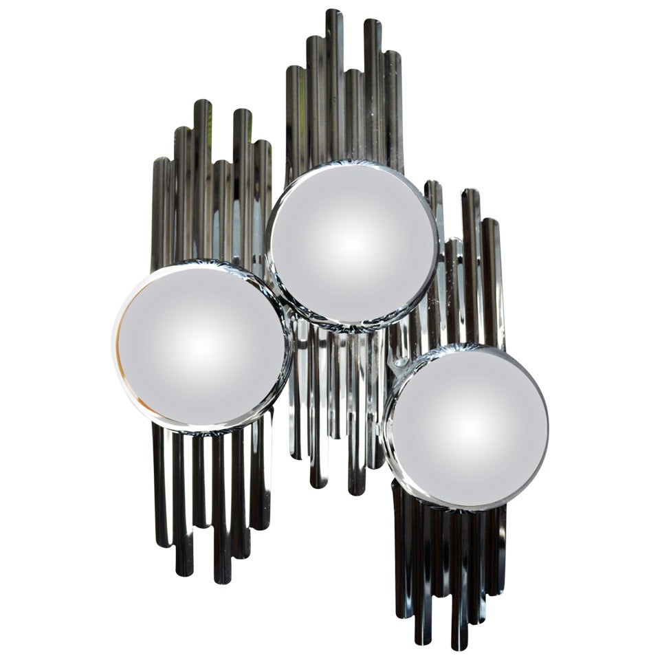 Italian 60's Three Light Wall Chrome Wall Light Art Fixture/Sconce. For
