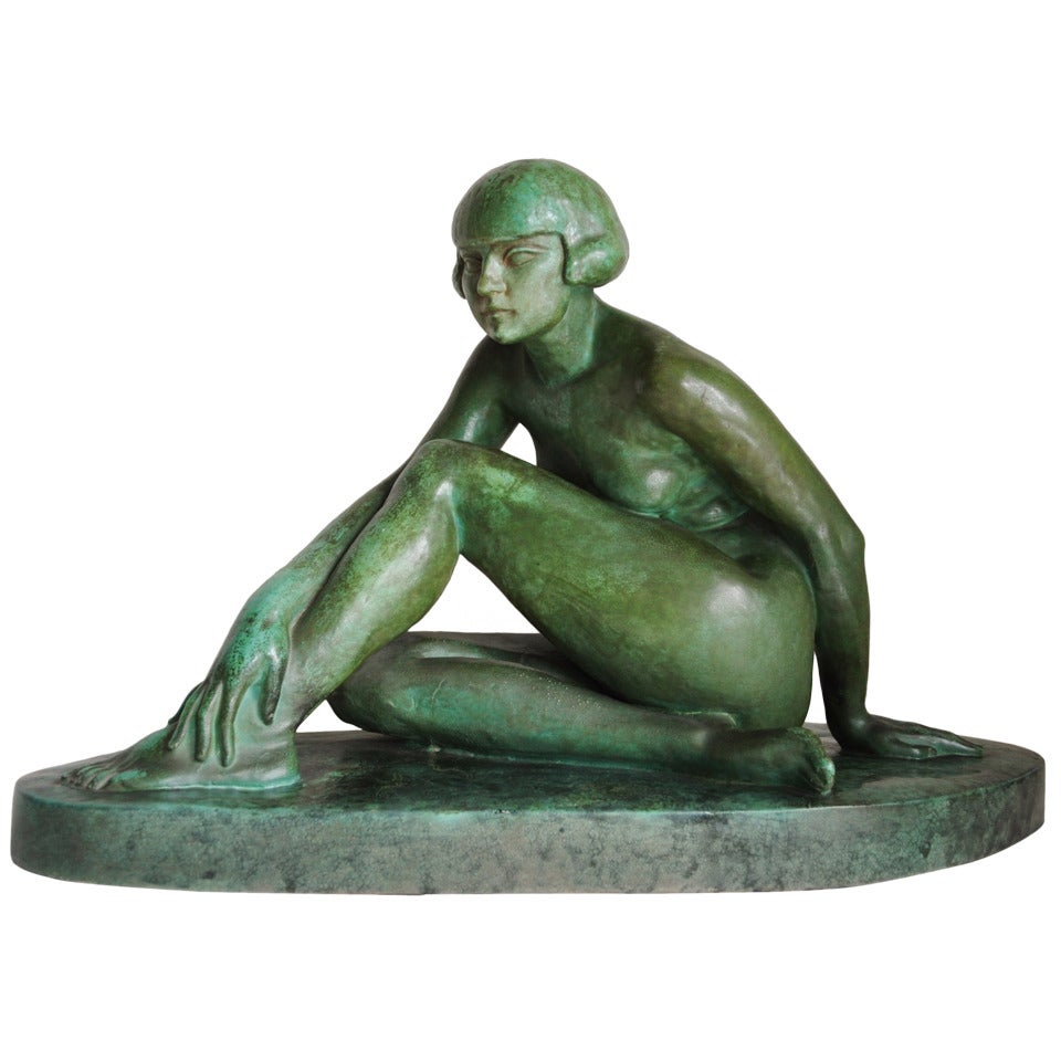Grande sculpture française Artful Green Faux Copper Patina Ceramic Seated Nude Sculpture.