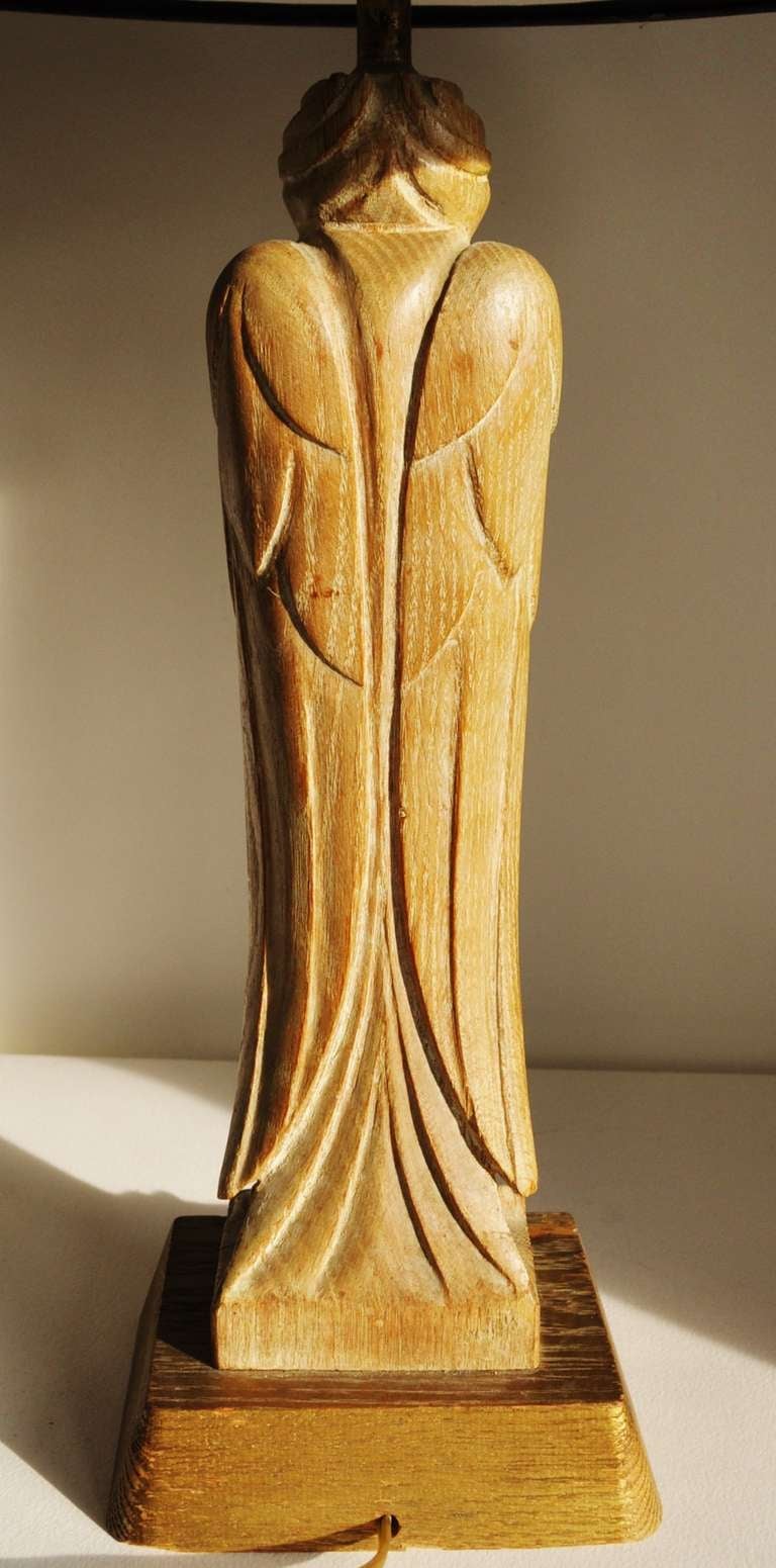 Mid-Century Modern Pair of American Cerused Oak Table Lamps Carved to Represent Stylized Birds