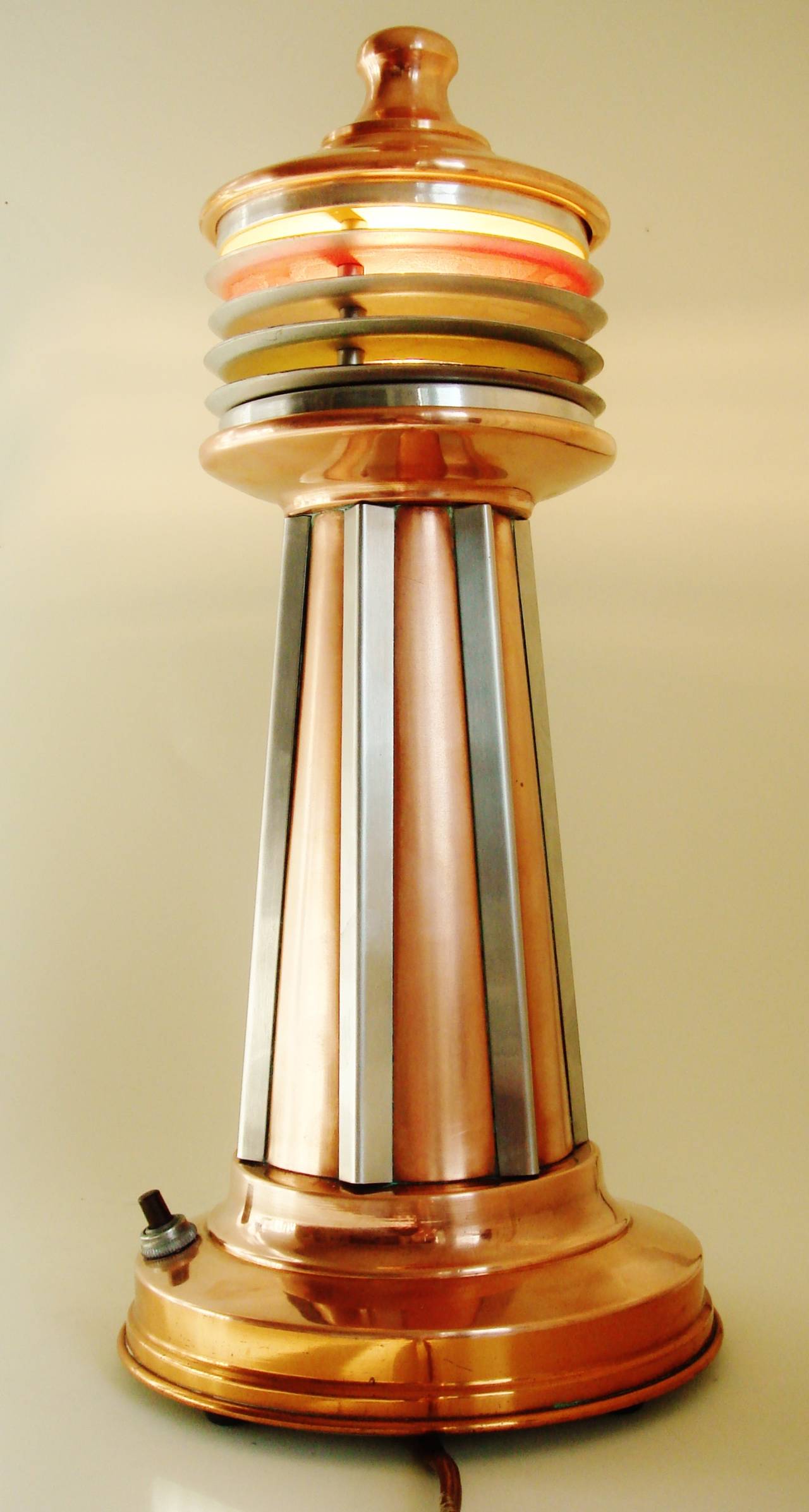 Art Deco or Machine Age Copper and Anodised Aluminium Lighthouse Table Lamp 1