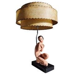 American Mid-Century Table Lamp with Polychrome Plaster Female Nude by Alexander Backer.