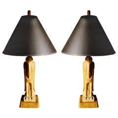 Pair of American Cerused Oak Table Lamps Hand Carved to Represent Stylized Birds Signed Heifetz.