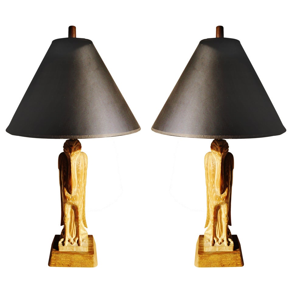 Pair of American Cerused Oak Table Lamps Carved to Represent Stylized Birds