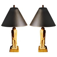 Pair of American Cerused Oak Table Lamps Carved to Represent Stylized Birds