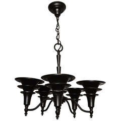 American Art Deco Machine Age Five Branch Waxed Black Triple Cone Shade Chandelier.