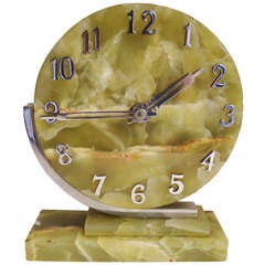 French Art Deco Chome and Green Marble Mechanical Asymmetrical Shelf Clock
