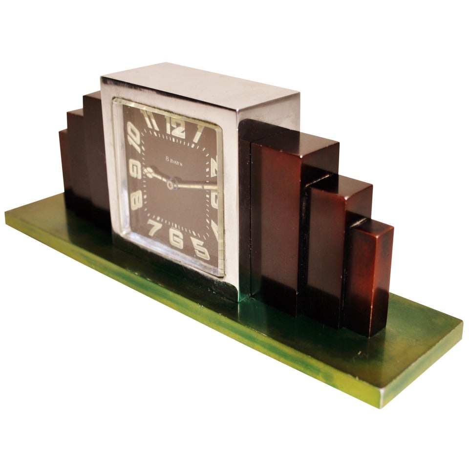Swiss Art Deco Chrome-Plated and Anodized Aluminium Mechanical Shelf Clock For Sale
