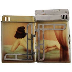 Vintage Japanese Art Deco Chrome-Plated Gentleman's Lighter/Cigarette Case with Airbrushed Erotic Interior.