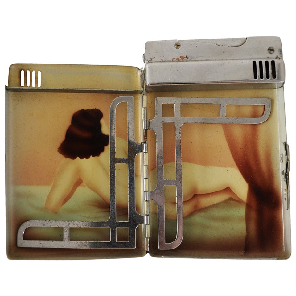 Japanese Art Deco Chrome-Plated Gentleman's Lighter/Cigarette Case with Airbrushed Erotic Interior.