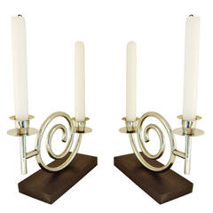 Eccentric Pair of French Art Deco Chrome and Wood Spiral Twin Candleholders