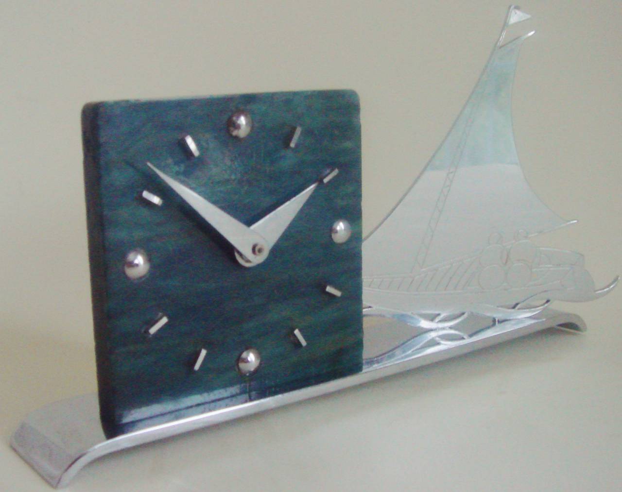 French Art Deco Figurative Marbled Galalith & Chrome Racing Yacht Shelf Clock.