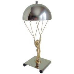 Vintage American Art Deco Chrome & Brass Novelty Parachute Jumper Lamp.