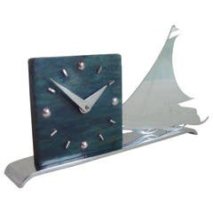 Vintage French Art Deco Figurative Marbled Galalith & Chrome Racing Yacht Shelf Clock.