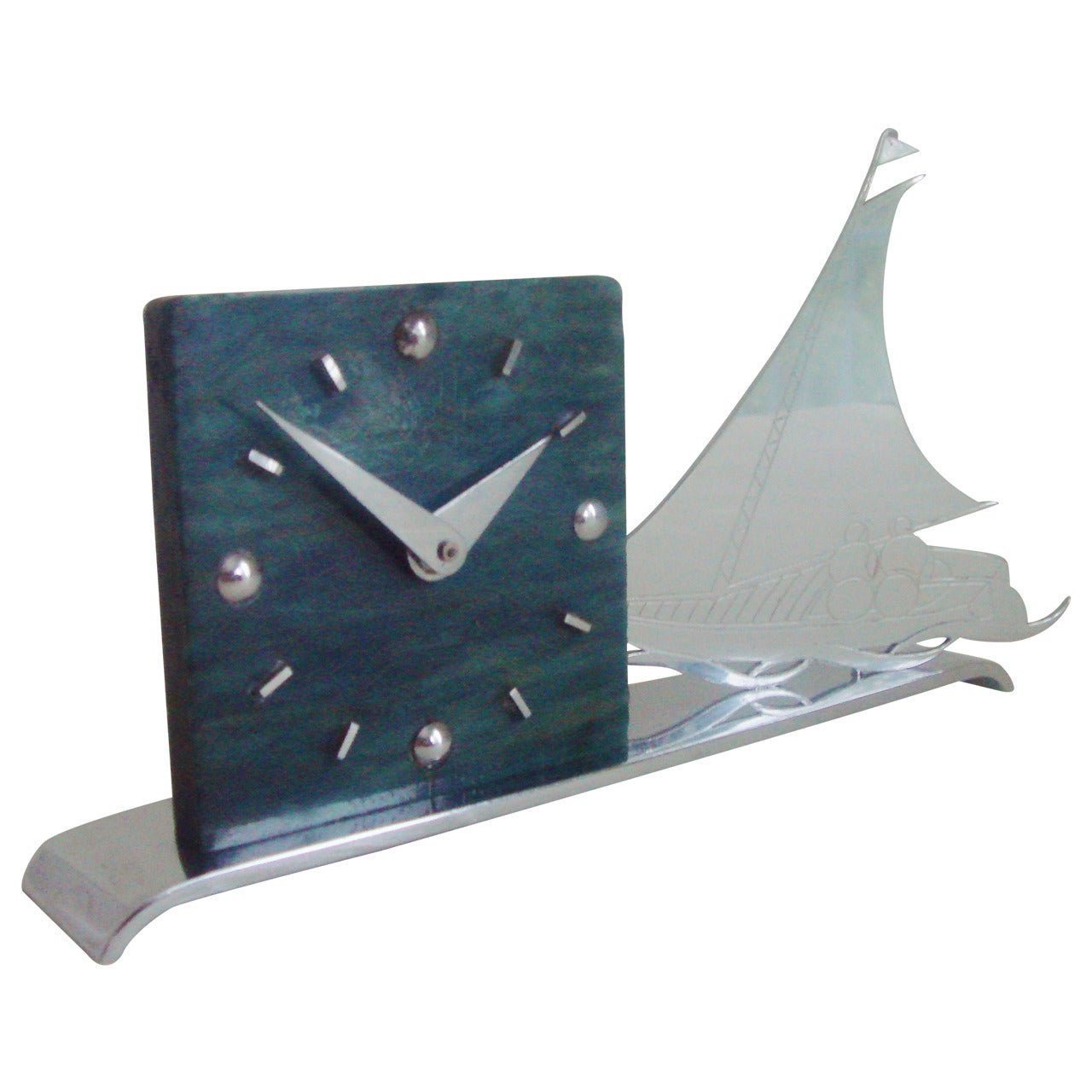 French Art Deco Figurative Marbled Galalith & Chrome Racing Yacht Shelf Clock. For Sale
