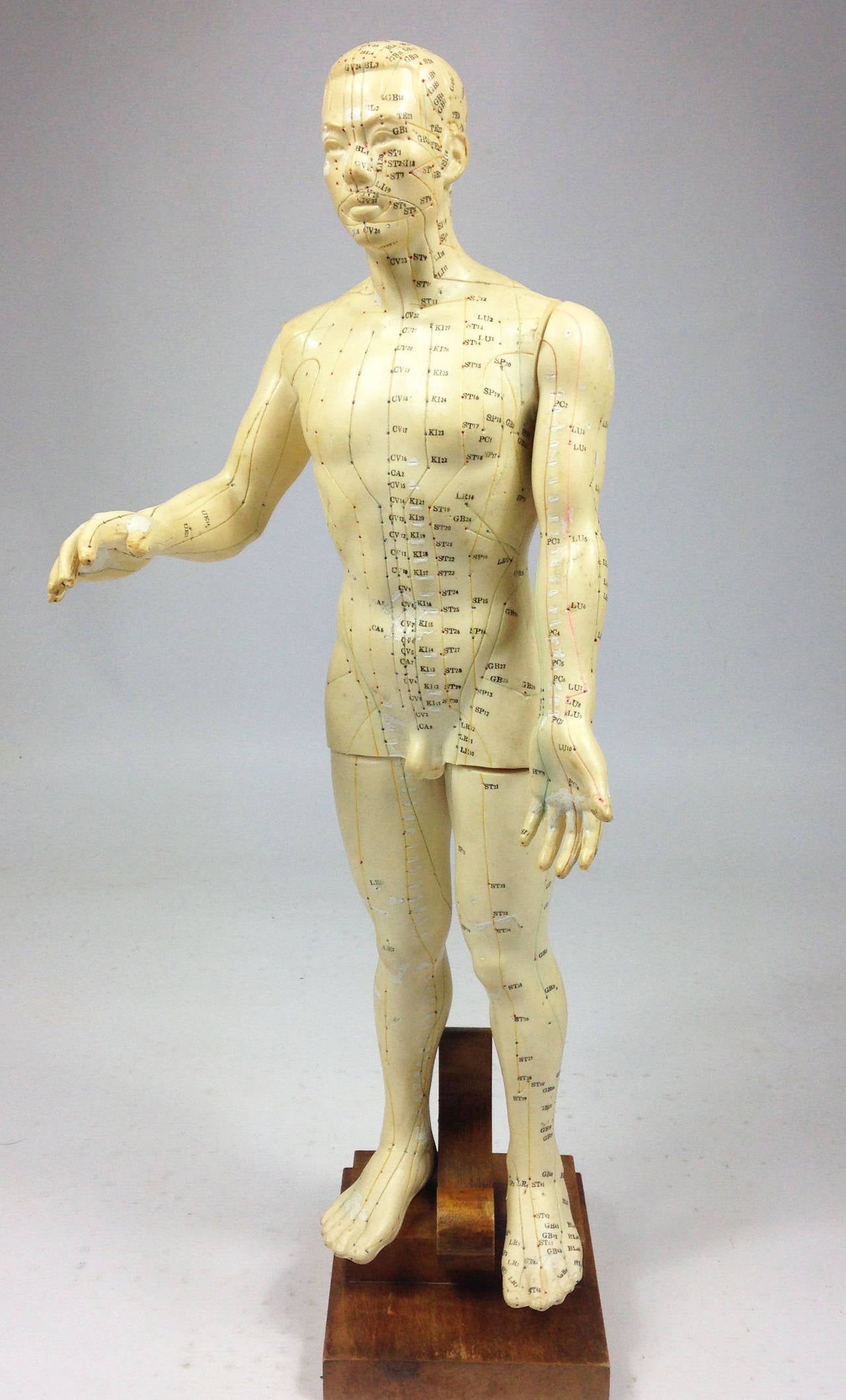 A very decorative mid 20th century Japanese acupuncture doll. Constructed of durable rubber which is mapped out to show the various areas acupuncture points of the body. White correction fluid has been added by the original owner - probably to aid