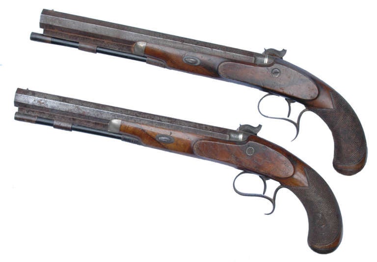 A fine and sleepy pair of percussion pistols by Thompson of London. 

Both complete with original ramrods, with barrels and lock plates both marked to the maker. A very nice, affordable pair of early pistols ready to be restored if required.