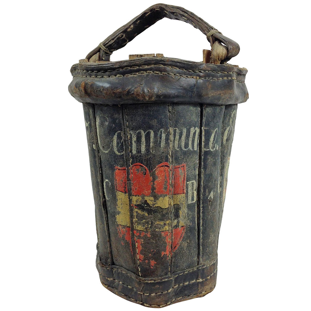 19th Century Swiss, Painted Leather Fire Bucket For Sale