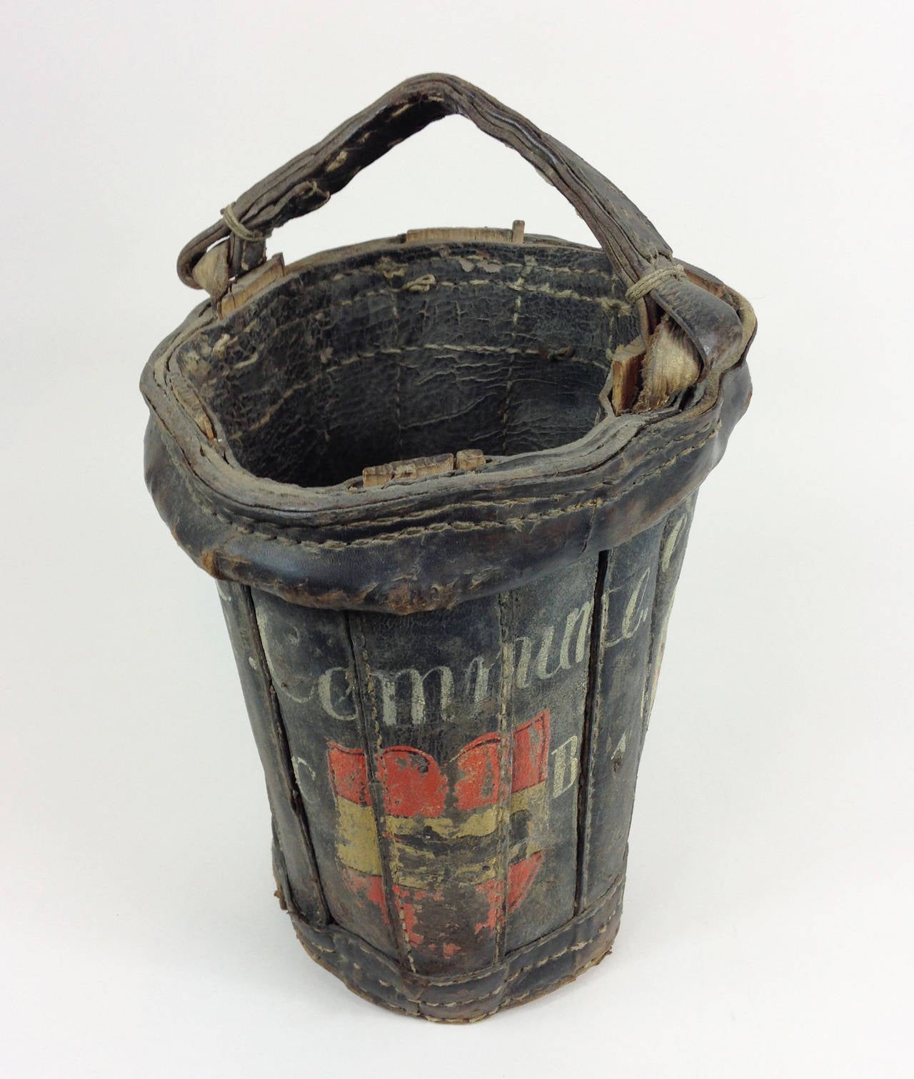 19th Century Swiss, Painted Leather Fire Bucket In Fair Condition For Sale In Glamis, Angus