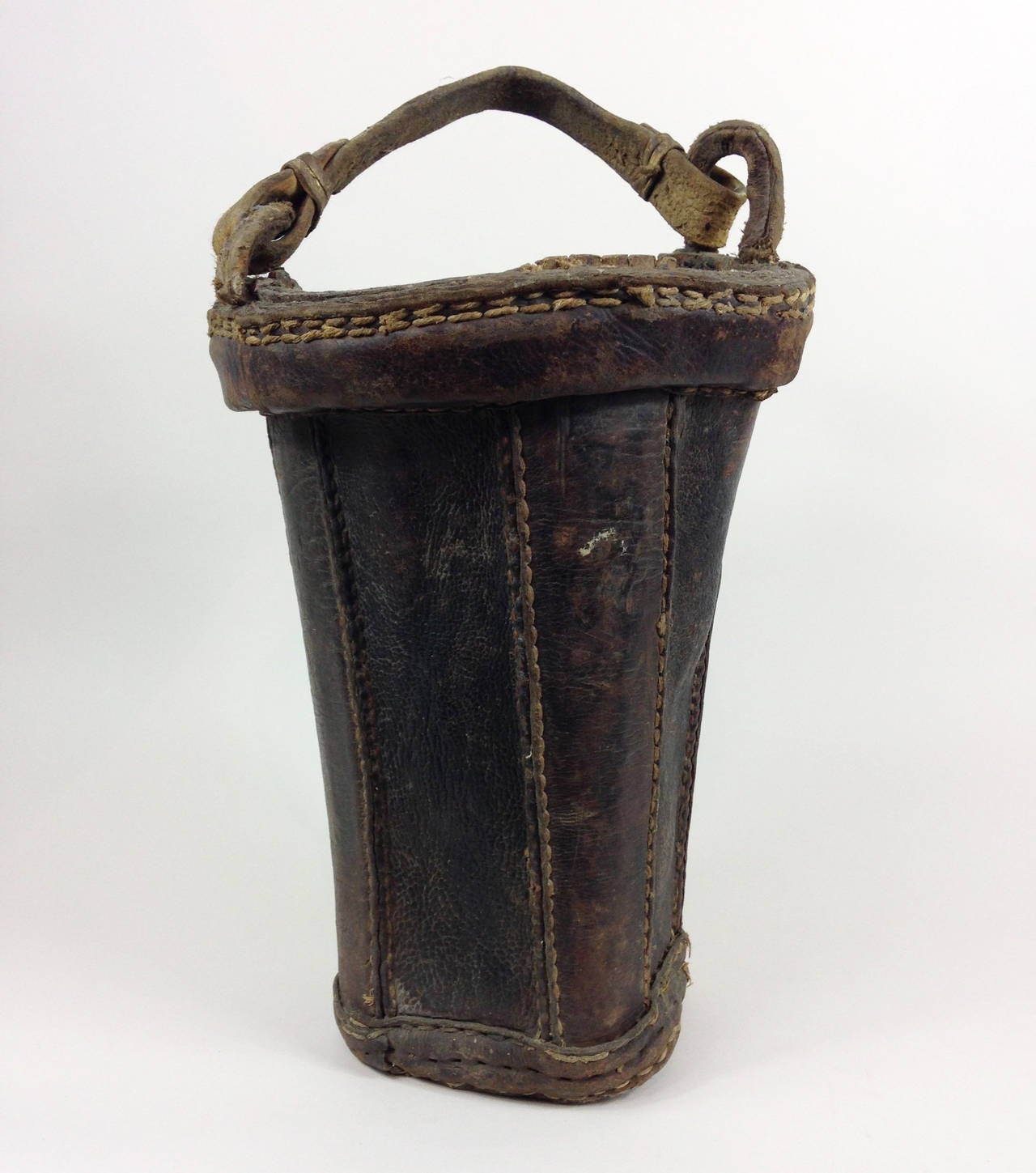 Folk Art Swiss Tarred Leather Fire Bucket with Painted Panel For Sale