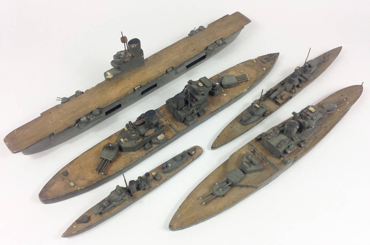 Painted Rare Group of Five Wooden Royal Navy Models