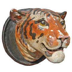 Early 20th Century Hand Painted Plaster Tiger Head Mount