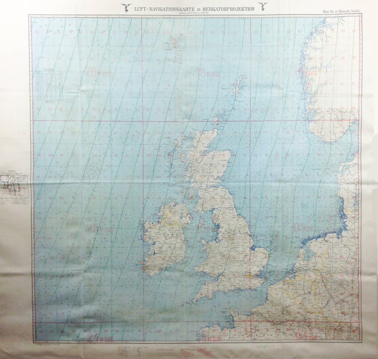 A very rare and poignant WWII era map of the United Kingdom produced by Germany for the Luftwaffe.

The map is printed on an unusual rubberized material, undoubtedly to prevent damp, degradation or damage during flight. It's in very fine condition