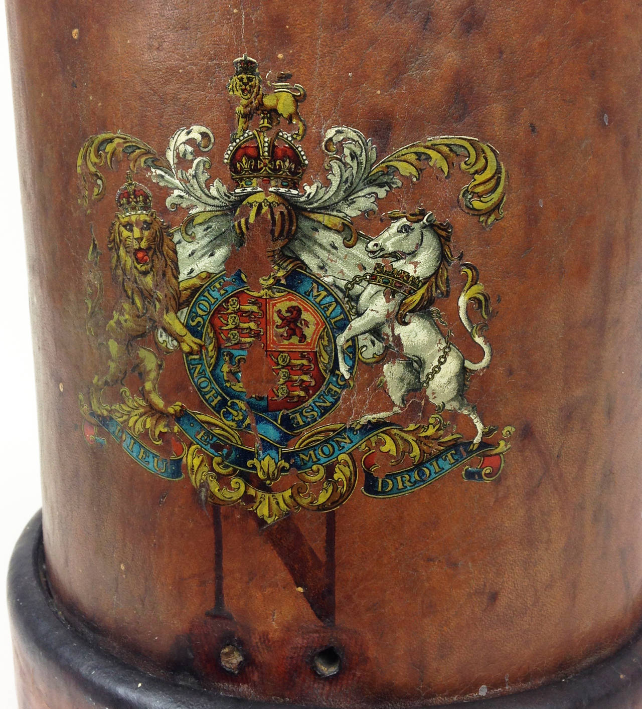 A good example of a brown leather and canvas British cordite carrier with a transfer applied Royal coat of arms. 

General age related staining etc but a good solid item that would be an ideal size for sticks or umbrellas. 

Various markings to