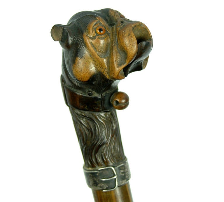 Victorian Automaton Boxer Dog Walking Cane with Engraved Silver Collar