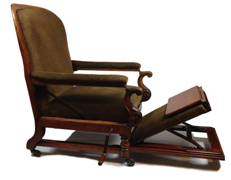 A wonderful mahogany 'Patent Graduating Elastic Self-adjusting Chair' by J Alderman, 16 Soho Square, London.

Unusually large proportions with removable crank handle which fits into either side of the chair allowing it to recline. 

The arm