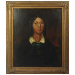 Naive Victorian Oil on Canvas of a Woman in Giltwood Frame