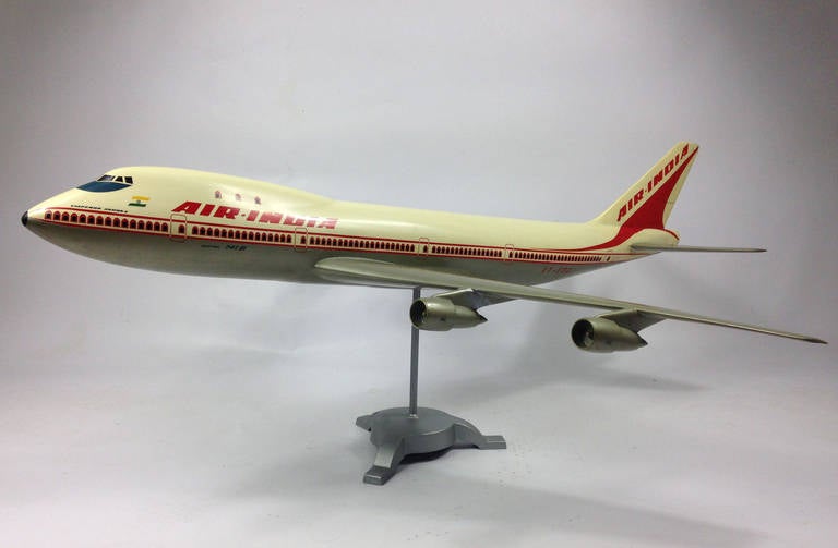 A wonderful example of a Boeing 747 in Air India Livery. 

No doubt made for a travel agent to promote the airline. Constructed of plastic mounted on a later metal stand.