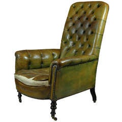 19th Century Green Leather Armchair on Rosewood Legs