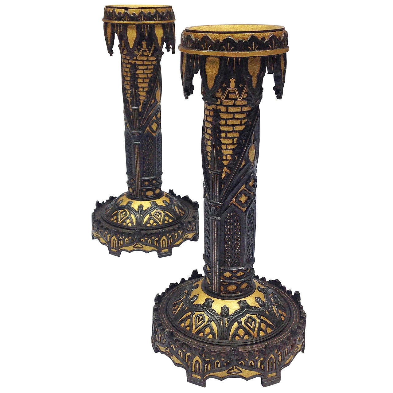 Pair of 19th Century Chiseled Blue Steel and Gilt Eibar Candlesticks For Sale