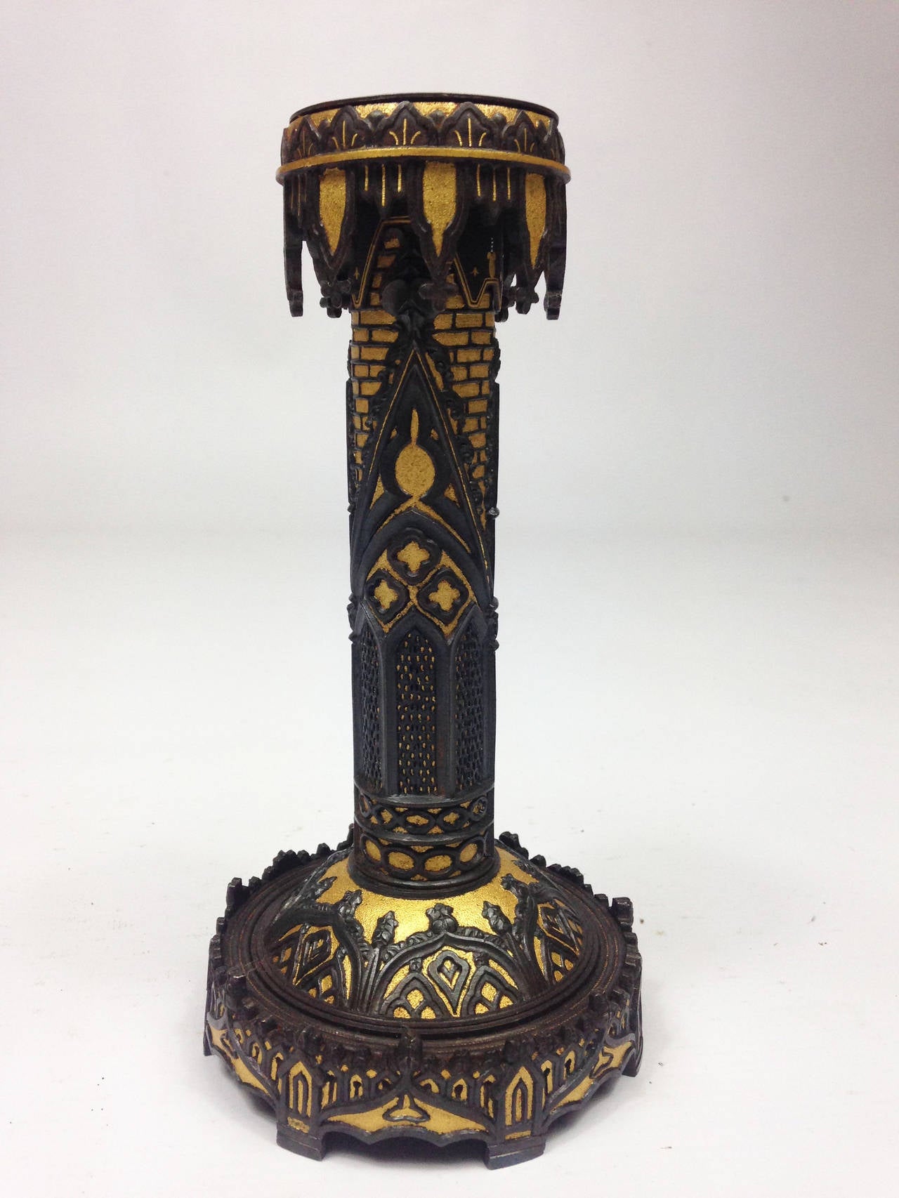 Spanish Pair of 19th Century Chiseled Blue Steel and Gilt Eibar Candlesticks For Sale