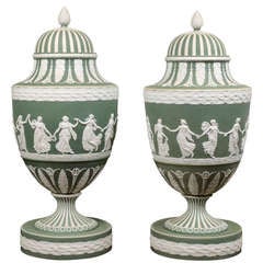 A Large Pair of Green Ground Jasperware Wedgwood Vases - English circa 1870