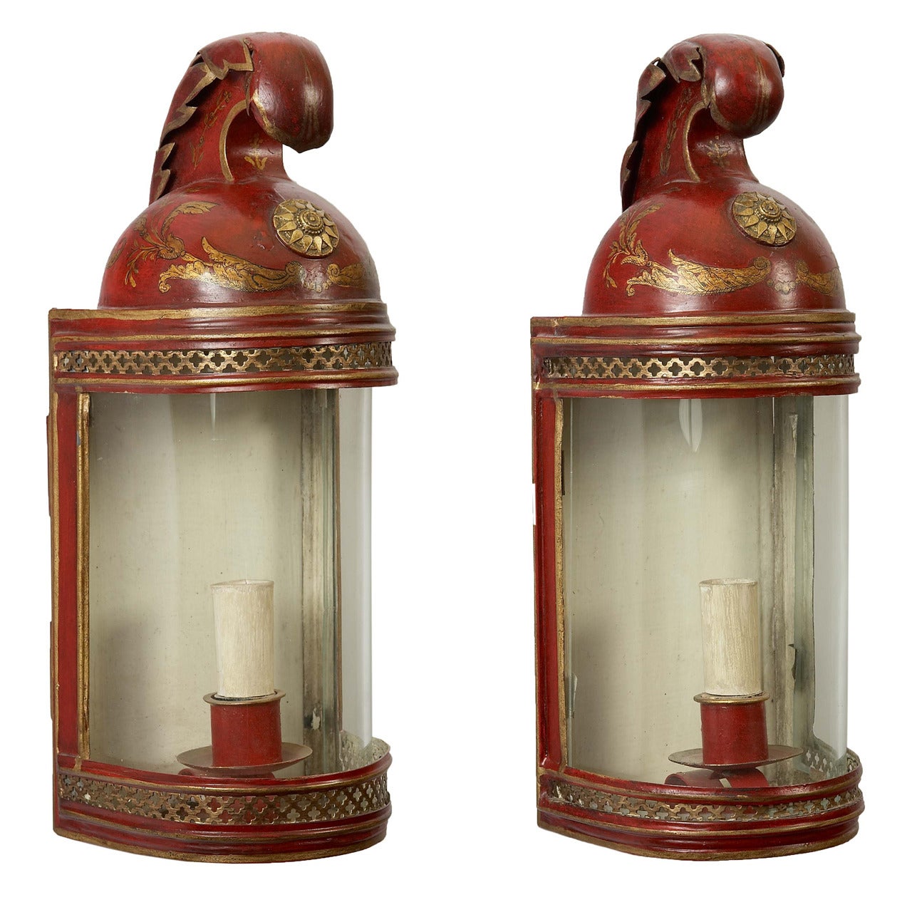 A Pair of Red Tôle Wall-Lights in the Form of Helmets: French, 19th Century For Sale