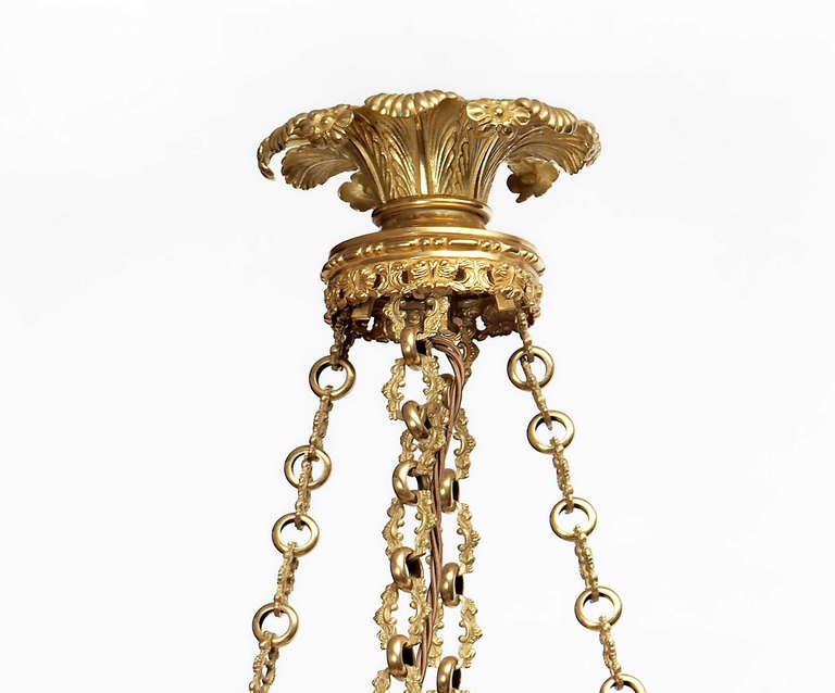 Splendid Gilt Bronze Chandelier with Original Colza Oil Urn circa 1826 In Excellent Condition For Sale In London, GB
