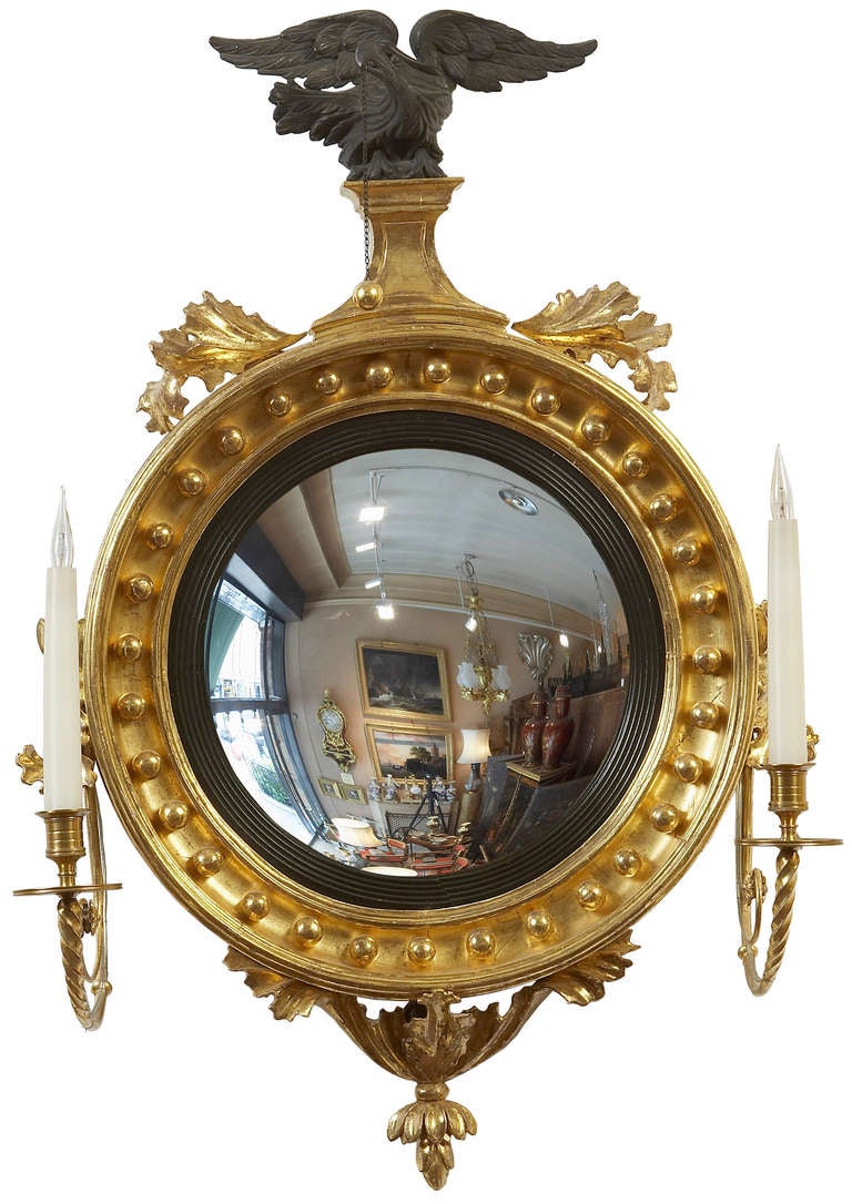 Gilt Fine and Small Pair of Regency Convex Mirrors, English, circa 1810 For Sale
