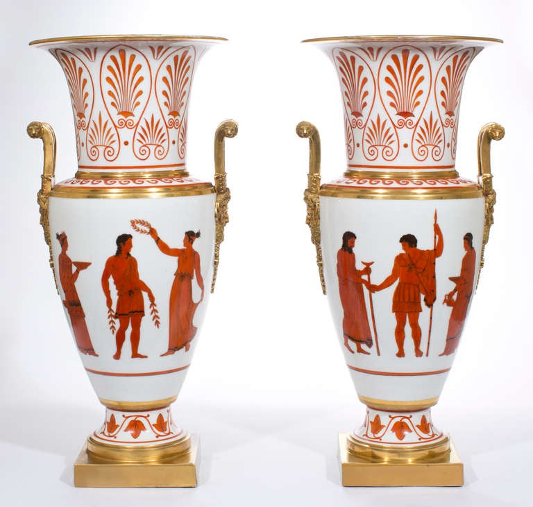 A rare and splendid pair of Vases, signed, Eduard Honoré à Paris, Manufactory Dagoty, inspired by Greek vases, based on the elegant simplicity of the antiquity, illustrating archaeological research and discovery of the Greek culture: 
French, circa