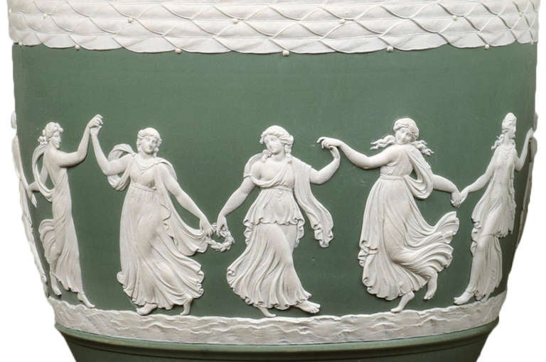19th Century A Large Pair of Green Ground Jasperware Wedgwood Vases - English circa 1870