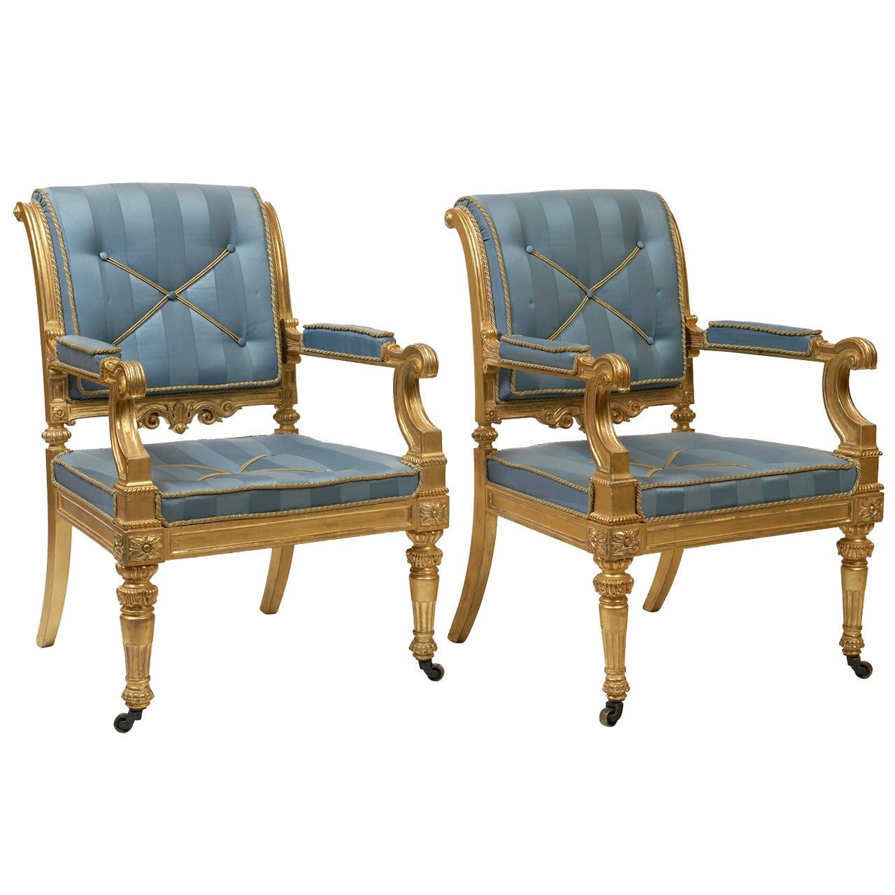 Pair of Carved Giltwood Armchairs, English circa 1830 For Sale