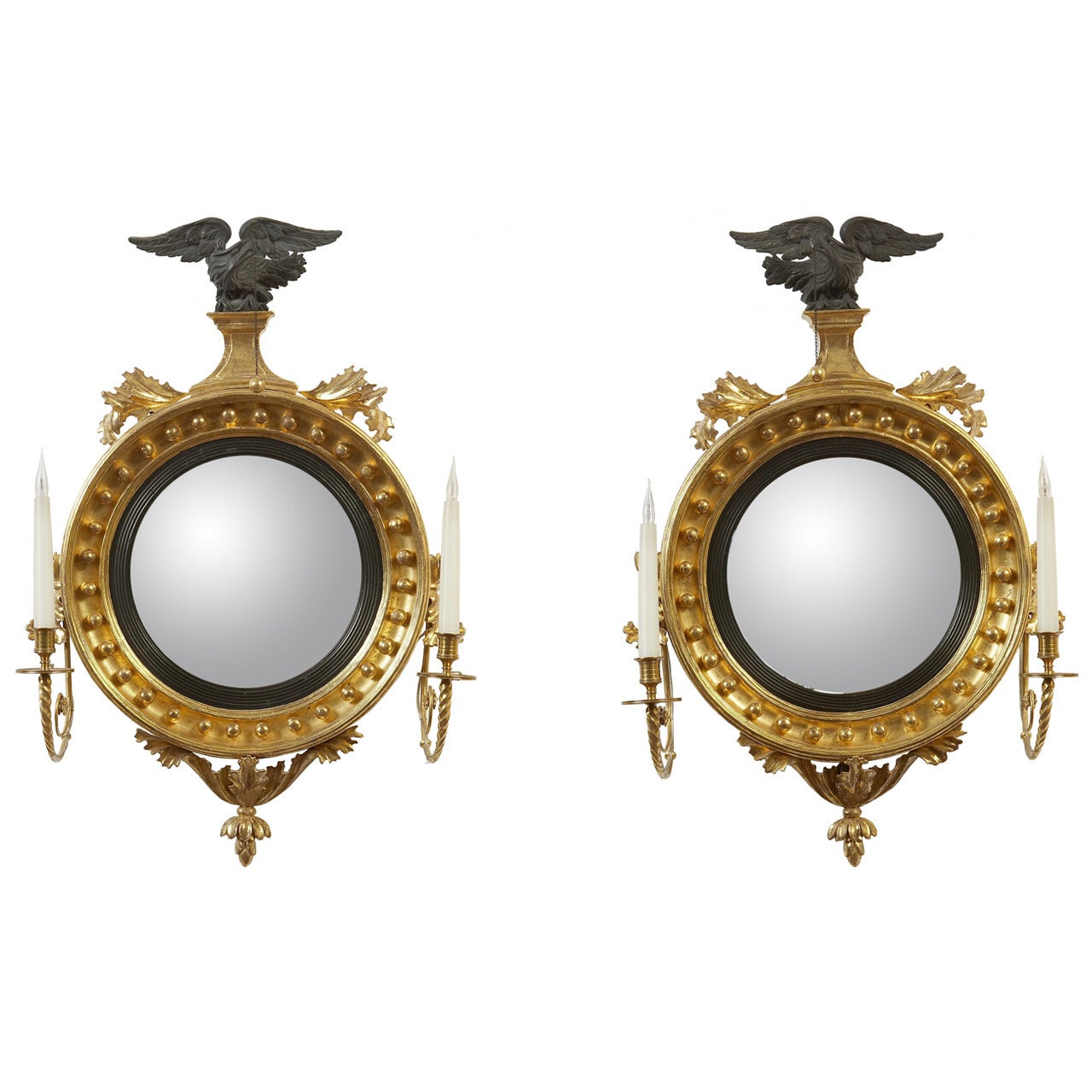 Fine and Small Pair of Regency Convex Mirrors, English, circa 1810 For Sale