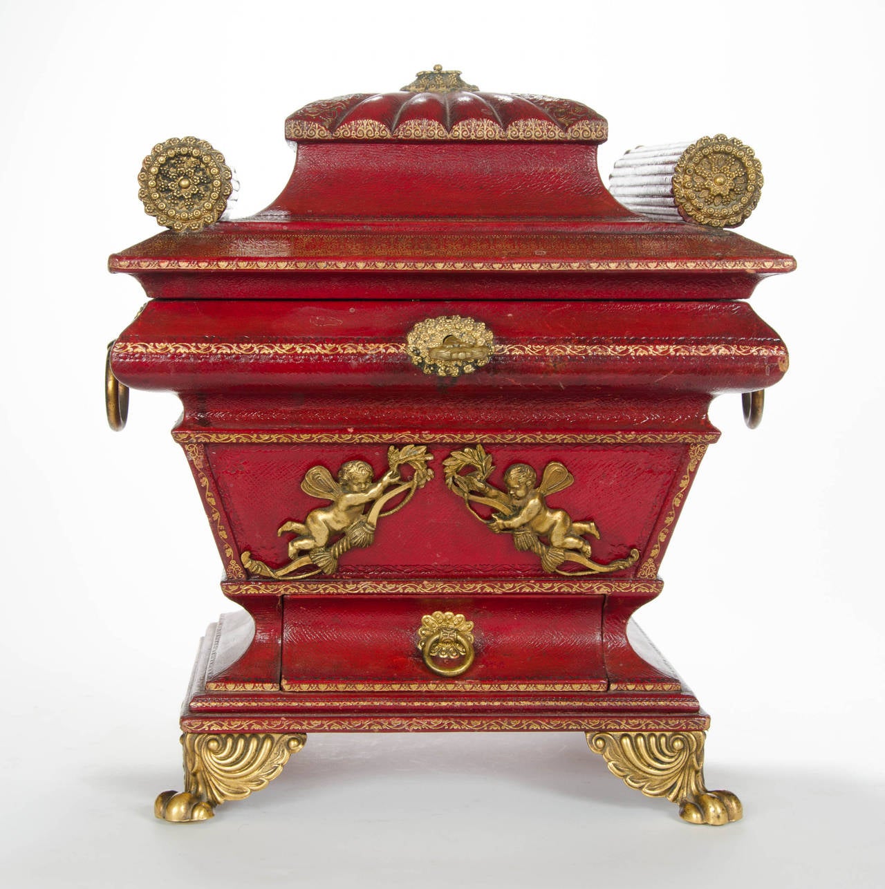 A splendid red leather Morocco sewing or work Box: English, circa 1810
32.00cm h 31.00cm w 23.00cm d