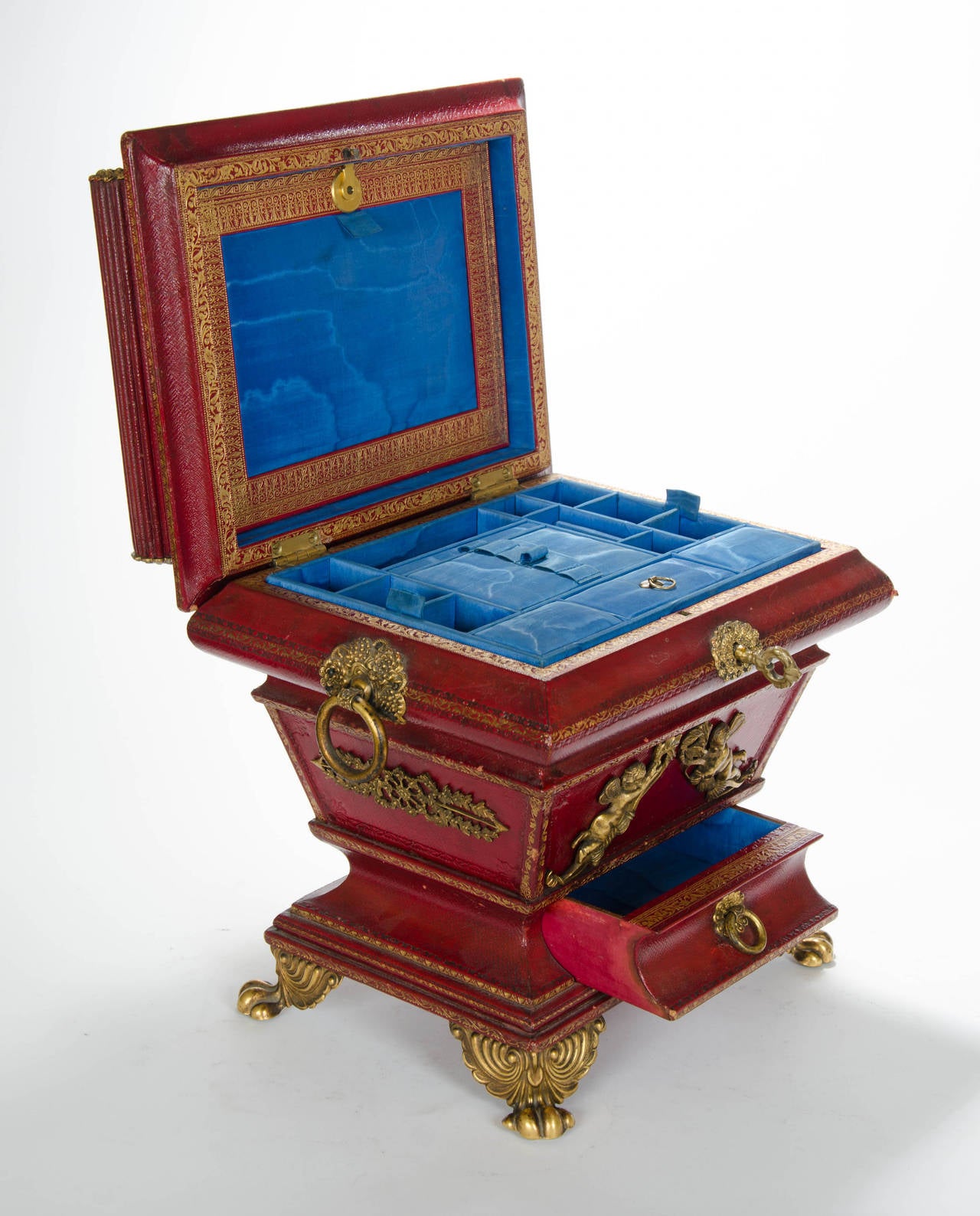 19th Century Regency Red Leather Morocco Sewing Box, England, circa 1810