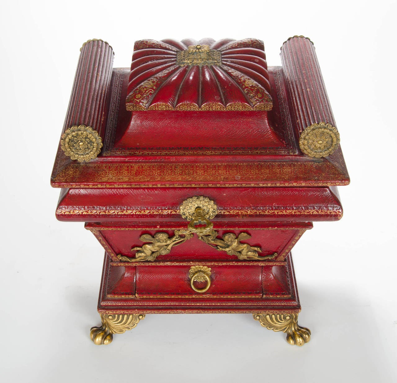 English Regency Red Leather Morocco Sewing Box, England, circa 1810