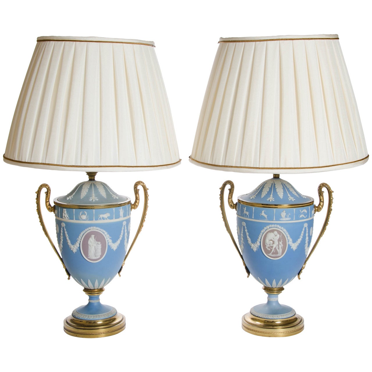 A Pair of Wedgwood Vases as Lamps with ormolu handles and bases For Sale